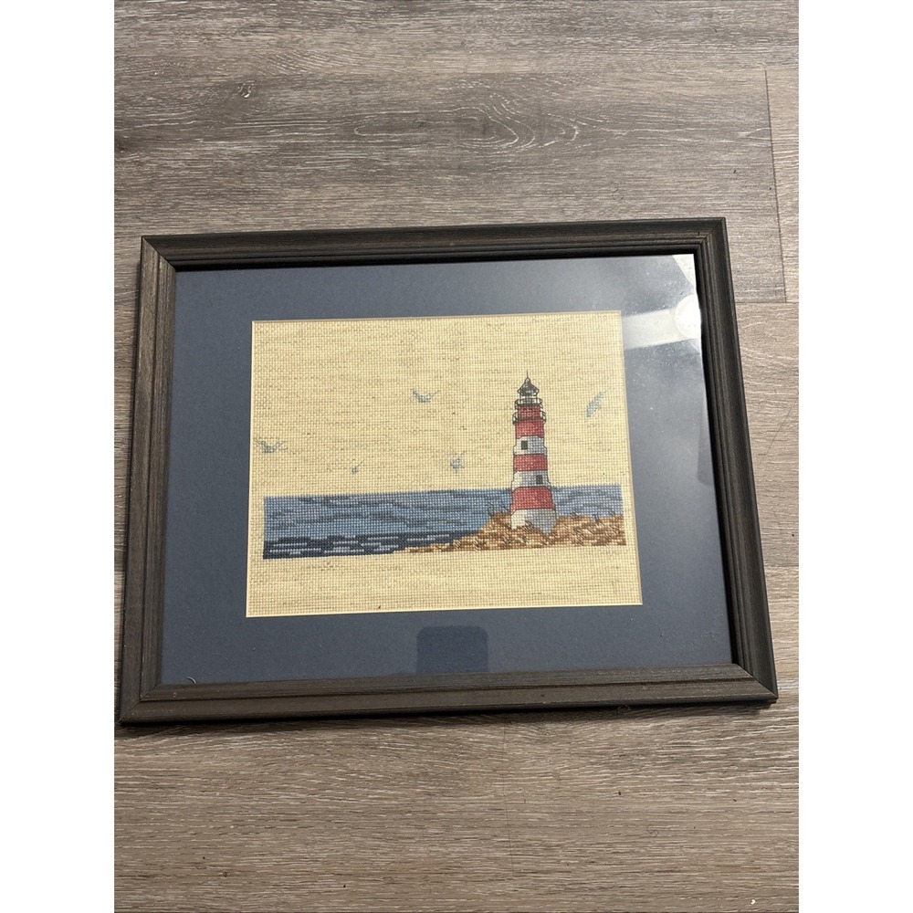 Vintage Framed Nautical Cross Stitch Lighthouse Coastal Wall Art Matted 15x12